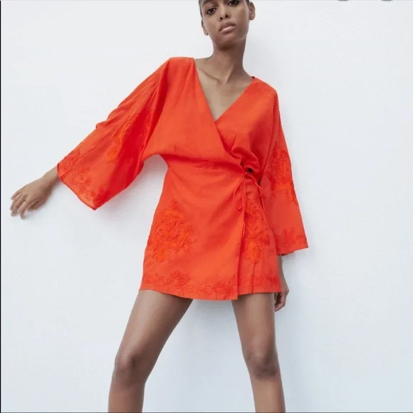 Zara Orange Embroidered Wrap Dress